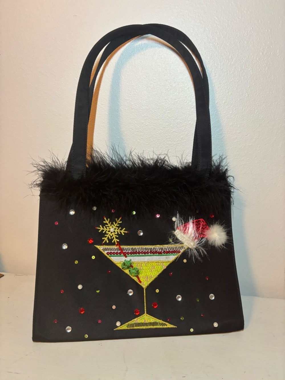 Black Festive Cocktail Shoulder Bag with Faux Fur Trim